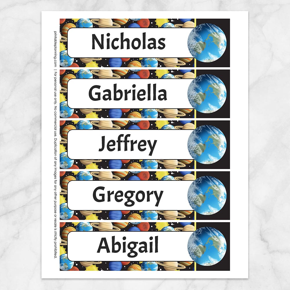 Printable Personalized Space Planets Pattern Bookmarks at Printable Planning. Sheet of 5 bookmarks.