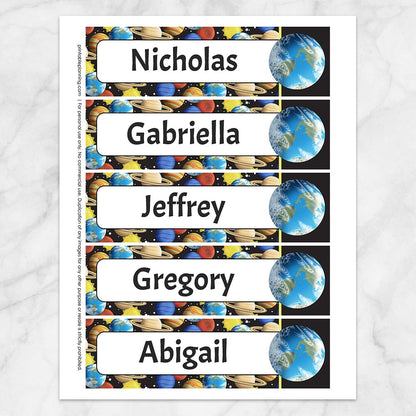 Printable Personalized Space Planets Pattern Bookmarks at Printable Planning. Sheet of 5 bookmarks.