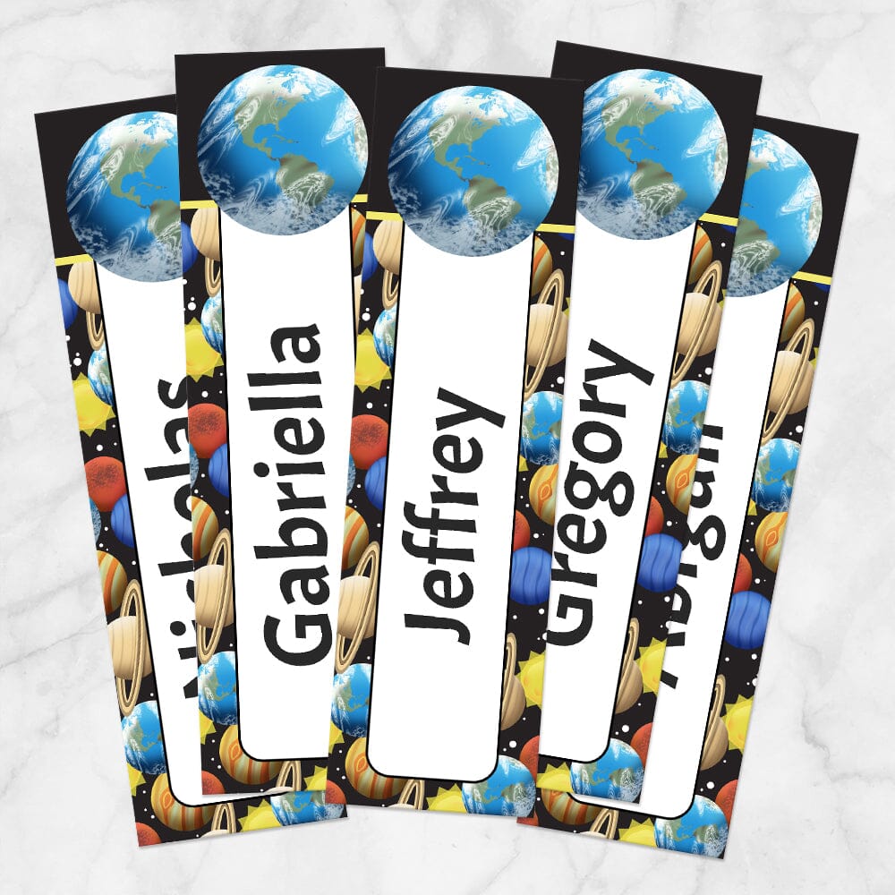 Printable Personalized Space Planets Pattern Bookmarks at Printable Planning. Example of 5 bookmarks.