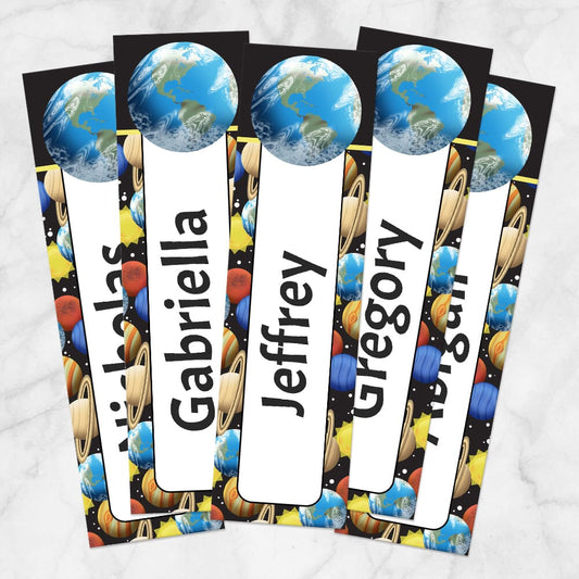 Printable Personalized Space Planets Pattern Bookmarks at Printable Planning. Example of 5 bookmarks.