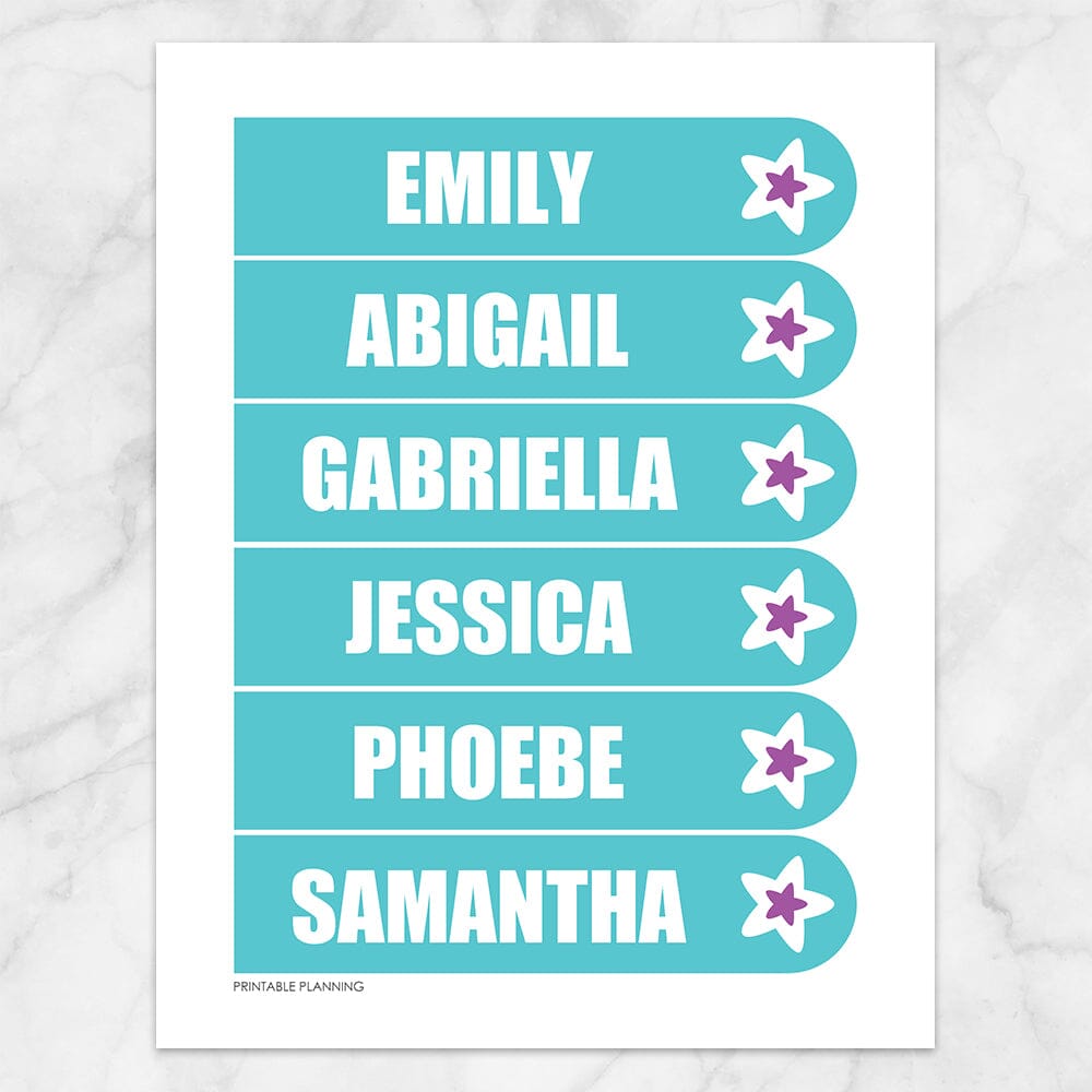 Printable Personalized Turquoise with Purple Star Bookmarks at Printable Planning. Sheet of 6 bookmarks.