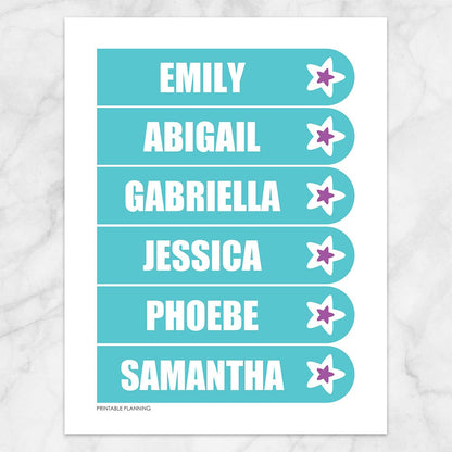 Printable Personalized Turquoise with Purple Star Bookmarks at Printable Planning. Sheet of 6 bookmarks.