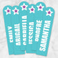Printable Personalized Turquoise with Purple Star Bookmarks at Printable Planning. Example of 6 bookmarks.