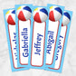 Printable Personalized Watercolor Beach Ball Bookmarks at Printable Planning. Example of 5 bookmarks.