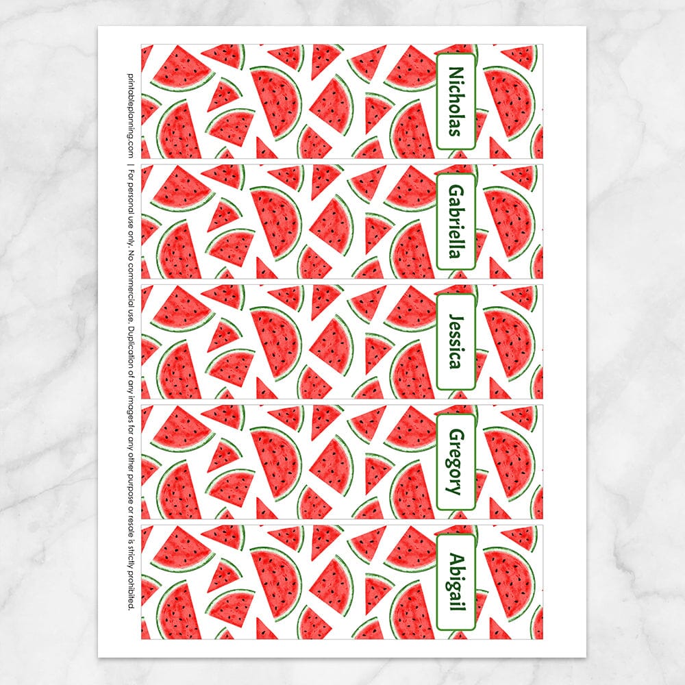 Printable Personalized Watermelon Slices Bookmarks at Printable Planning. Sheet of 5 bookmarks.