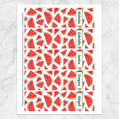 Printable Personalized Watermelon Slices Bookmarks at Printable Planning. Sheet of 5 bookmarks.