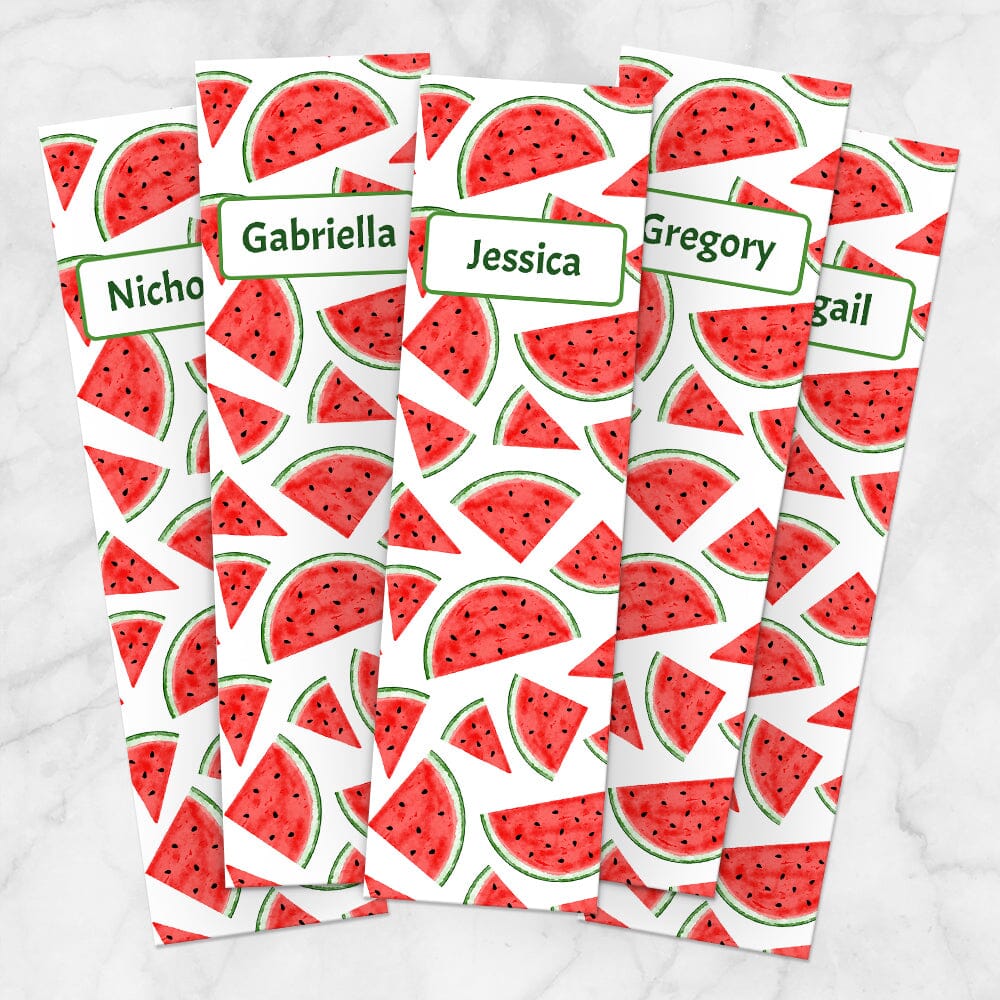 Printable Personalized Watermelon Slices Bookmarks at Printable Planning. Example of 5 bookmarks.