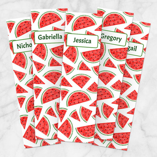 Printable Personalized Watermelon Slices Bookmarks at Printable Planning. Example of 5 bookmarks.