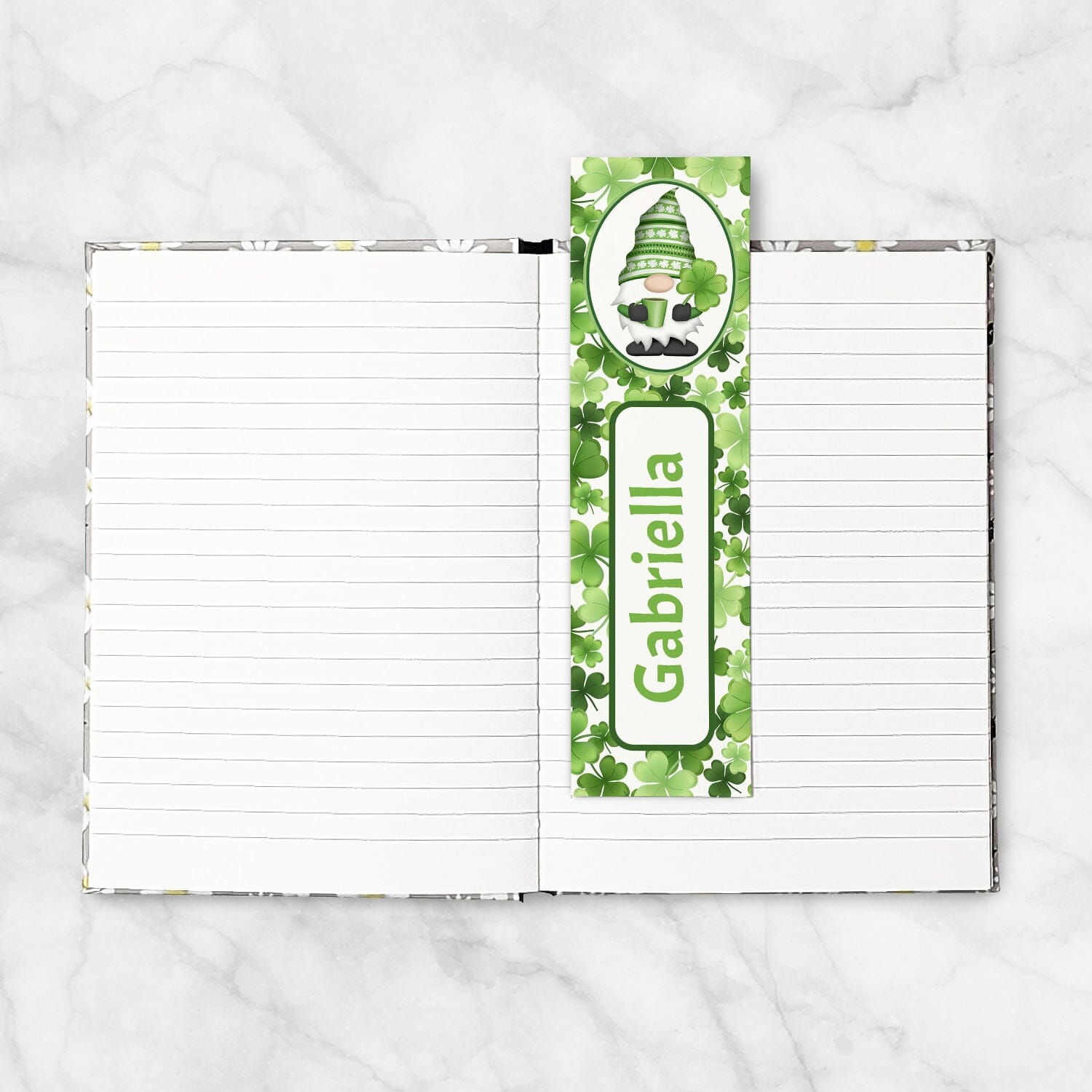 A Personalized Green Gnome Shamrocks Bookmark in a blank 5x7 book as an example.