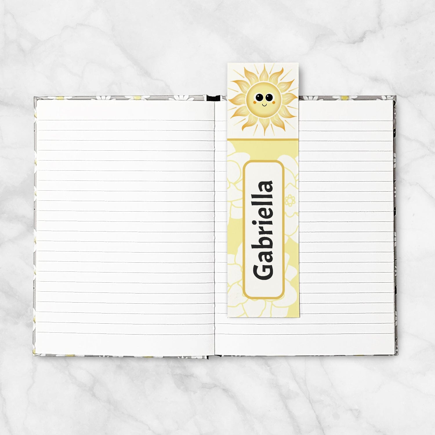 A Personalized Happy Sun Bookmark in a blank 5x7 book as an example.