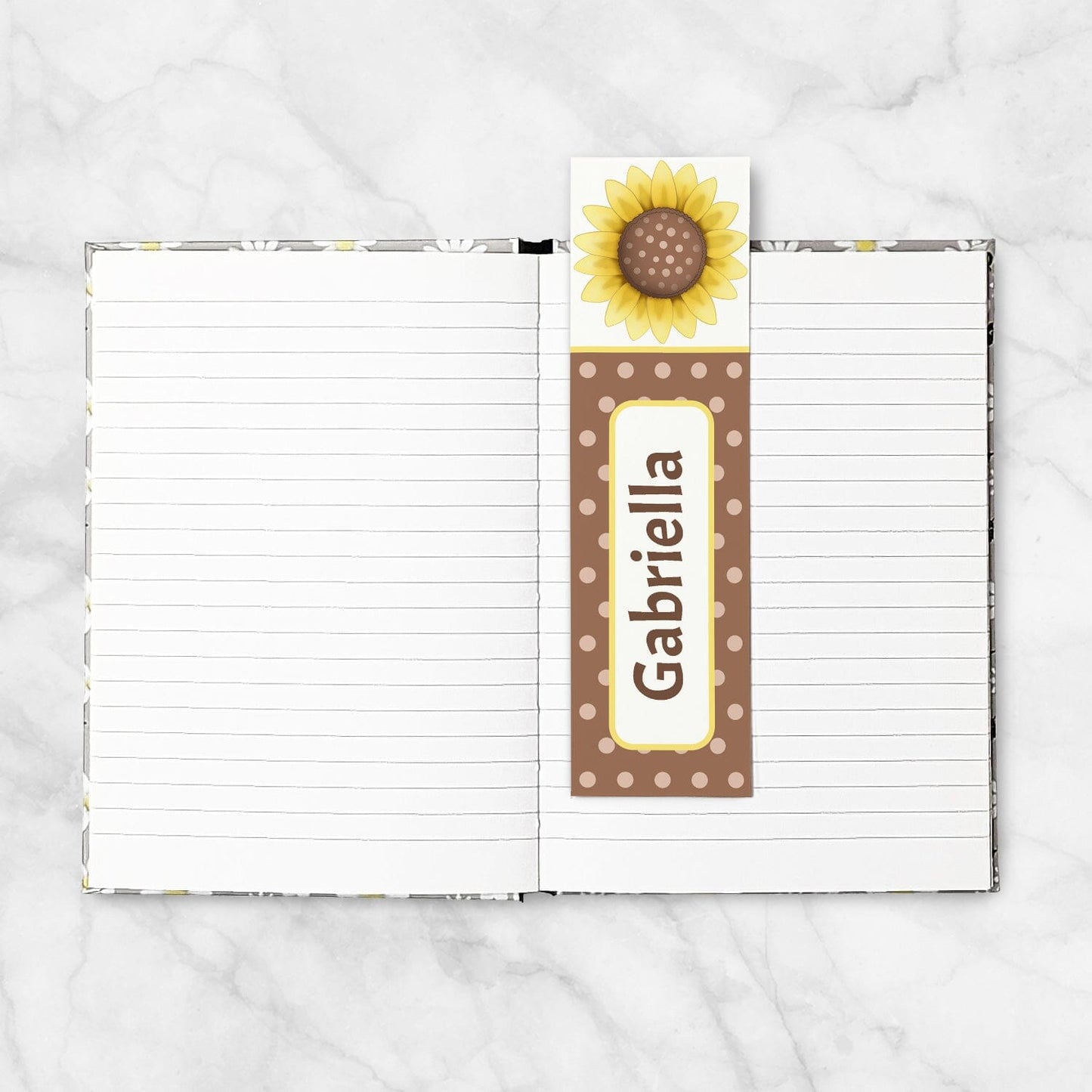 Personalized Sunflower Polka Dot Bookmark in a 5x7 book as an example.