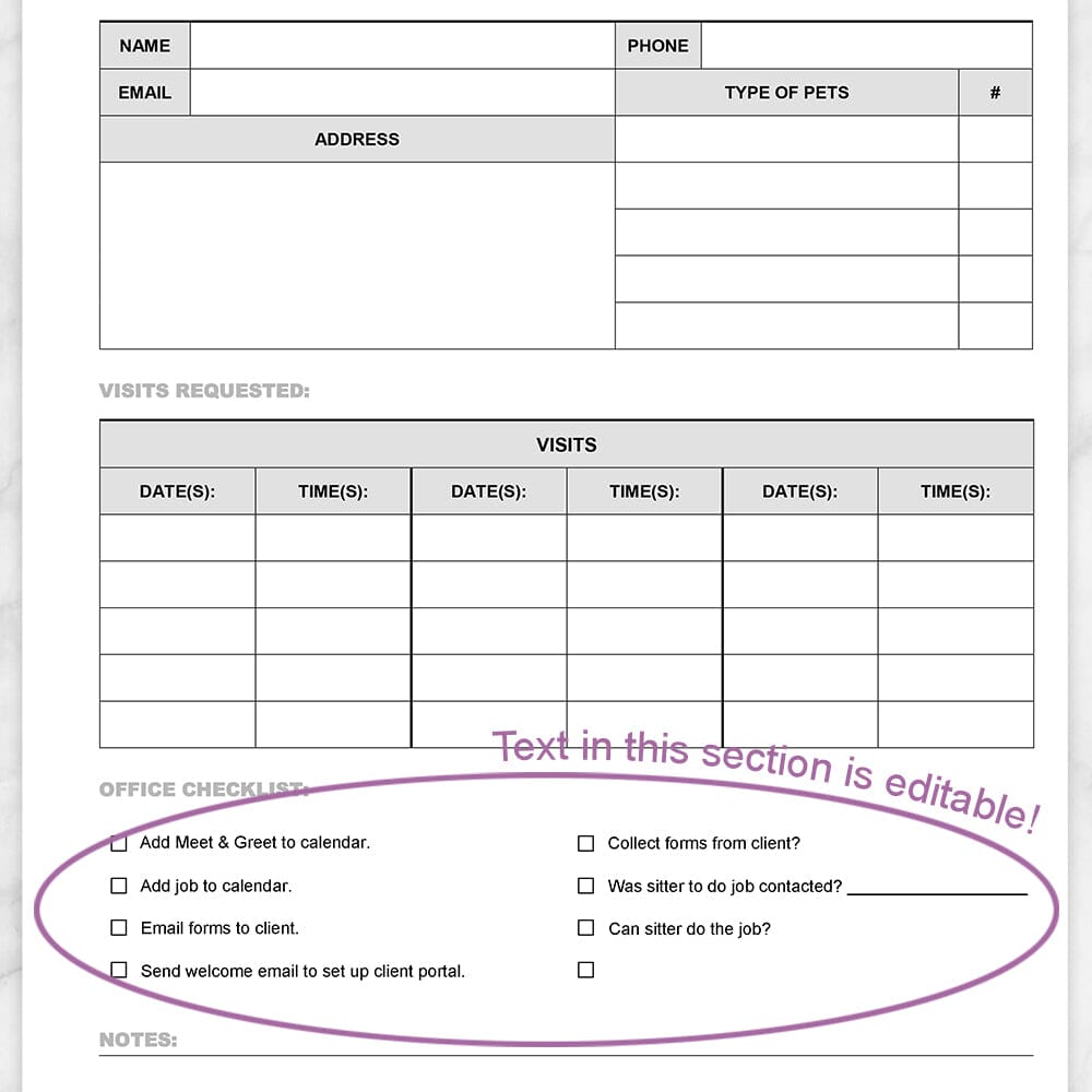 Printable Pet Care - New Client Checklist, Visits List at Printable Planning. Image shows a closer view of the editable text.