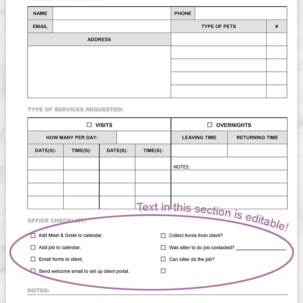 Printable Pet Care - New Client Checklist, Visits and Overnights at Printable Planning. Image shows closer view of editable text.