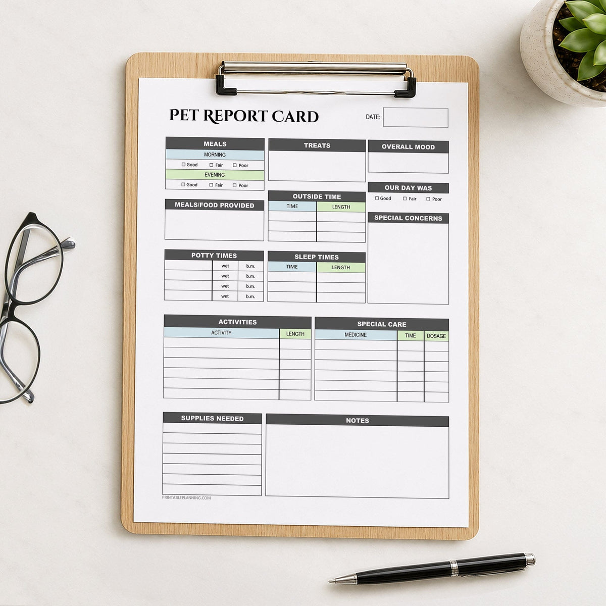 A printed page of the printable Pet Sitter Daily Care Log & Report Card with Blue and Green accents shown on a wooden clipboard on a table with a plant, glasses, and a pen.