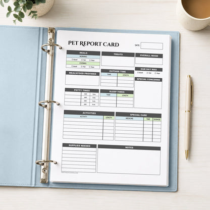 A printed page of the printable Pet Sitter Daily Care Log & Report Card with Blue and Green accents shown in a light blue binder on a desk with a plant, coffee, and a pen.