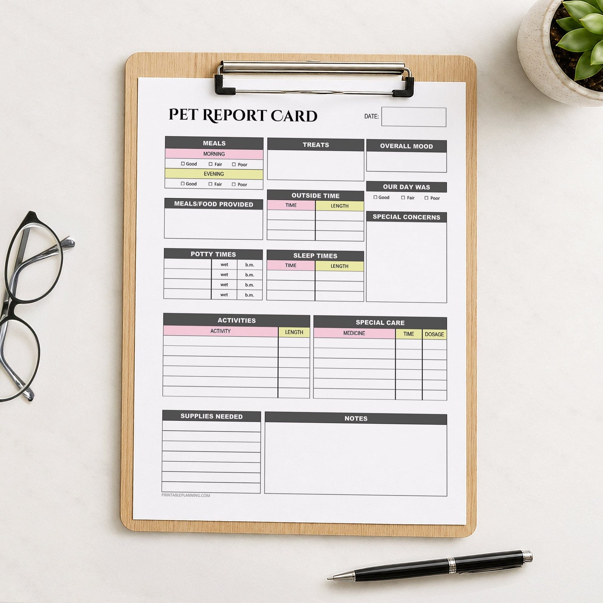 A printed page of the printable Pet Sitter Daily Care Log & Report Card with Pink and Yellow accents shown on a wooden clipboard on a table with a plant, glasses, and a pen.