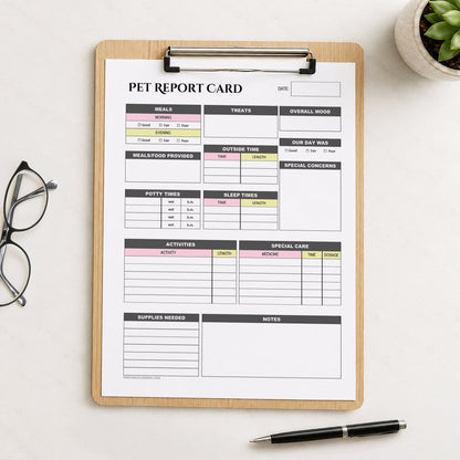 A printed page of the printable Pet Sitter Daily Care Log & Report Card with Pink and Yellow accents shown on a wooden clipboard on a table with a plant, glasses, and a pen.