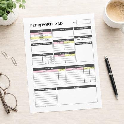 A printed page of the printable Pet Sitter Daily Care Log & Report Card with Pink and Yellow accents shown on a desk with a plant, paperclips, glasses, coffee, and a pen.
