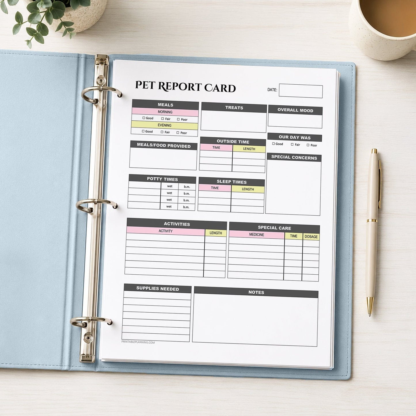 A printed page of the printable Pet Sitter Daily Care Log & Report Card with Pink and Yellow accents shown in a light blue binder on a desk with a plant, coffee, and a pen.