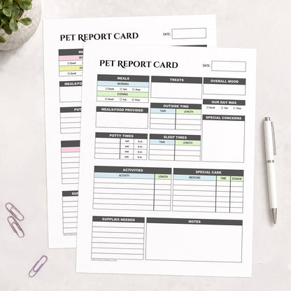 Two printed pages of the printable Pet Sitter Daily Care Log & Report Card Bundle, with blue and green accent and pink and yellow accent versions, shown on a desk with a plant, paperclips, and a pen.
