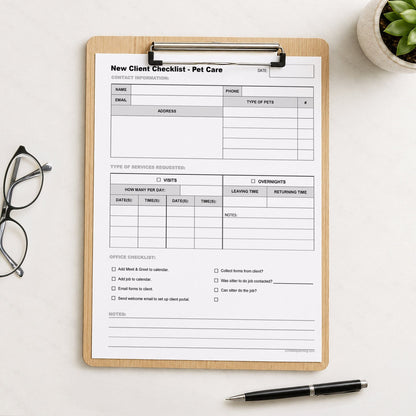A printed Pet Sitter New Client Checklist for Visits and Overnights (printable page) shown on a wooden clipboard on a table with a plant, glasses, and a pen.