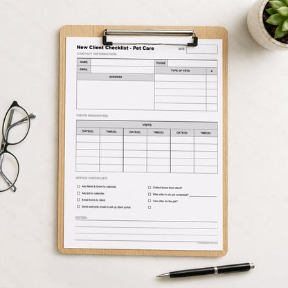 A printed Pet Sitter New Client Checklist with Visit Schedule (printable page) shown on a wooden clipboard on a table with a plant, glasses, and a pen.