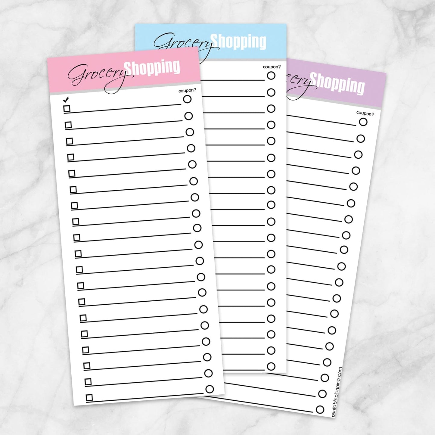 Printable Pink Blue and Purple Grocery Lists - 3 Lists Per Page at Printable Planning. Example of all 3 lists.