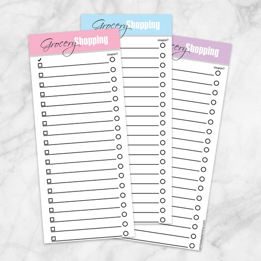 Printable Pink Blue and Purple Grocery Lists - 3 Lists Per Page at Printable Planning. Example of all 3 lists.