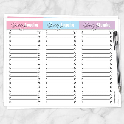 Printable Pink Blue and Purple Grocery Lists - 3 Lists Per Page at Printable Planning.