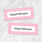 Printable Pink Border Name Labels for School Supplies at Printable Planning. Example of 2 labels.
