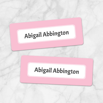 Printable Pink Border Name Labels for School Supplies at Printable Planning. Example of 2 labels.