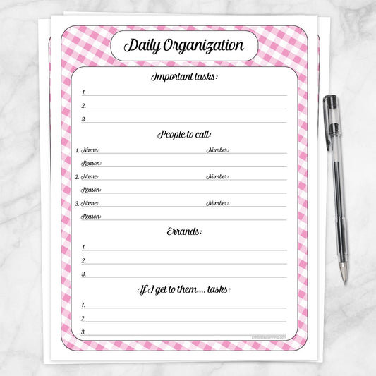 Printable Pink Gingham Daily Organization Category Task Sheet at Printable Planning.