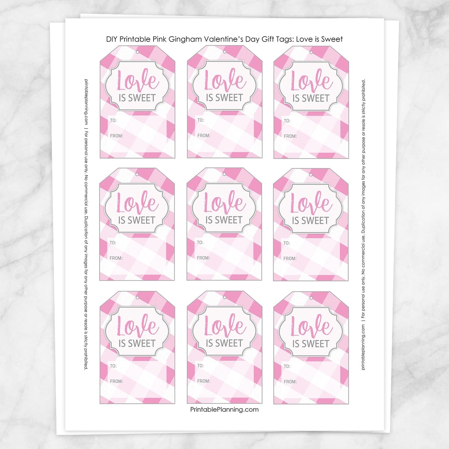 Printable Pink Gingham Love is Sweet Gift Tags at Printable Planning. Sheet of 9 gift tags.