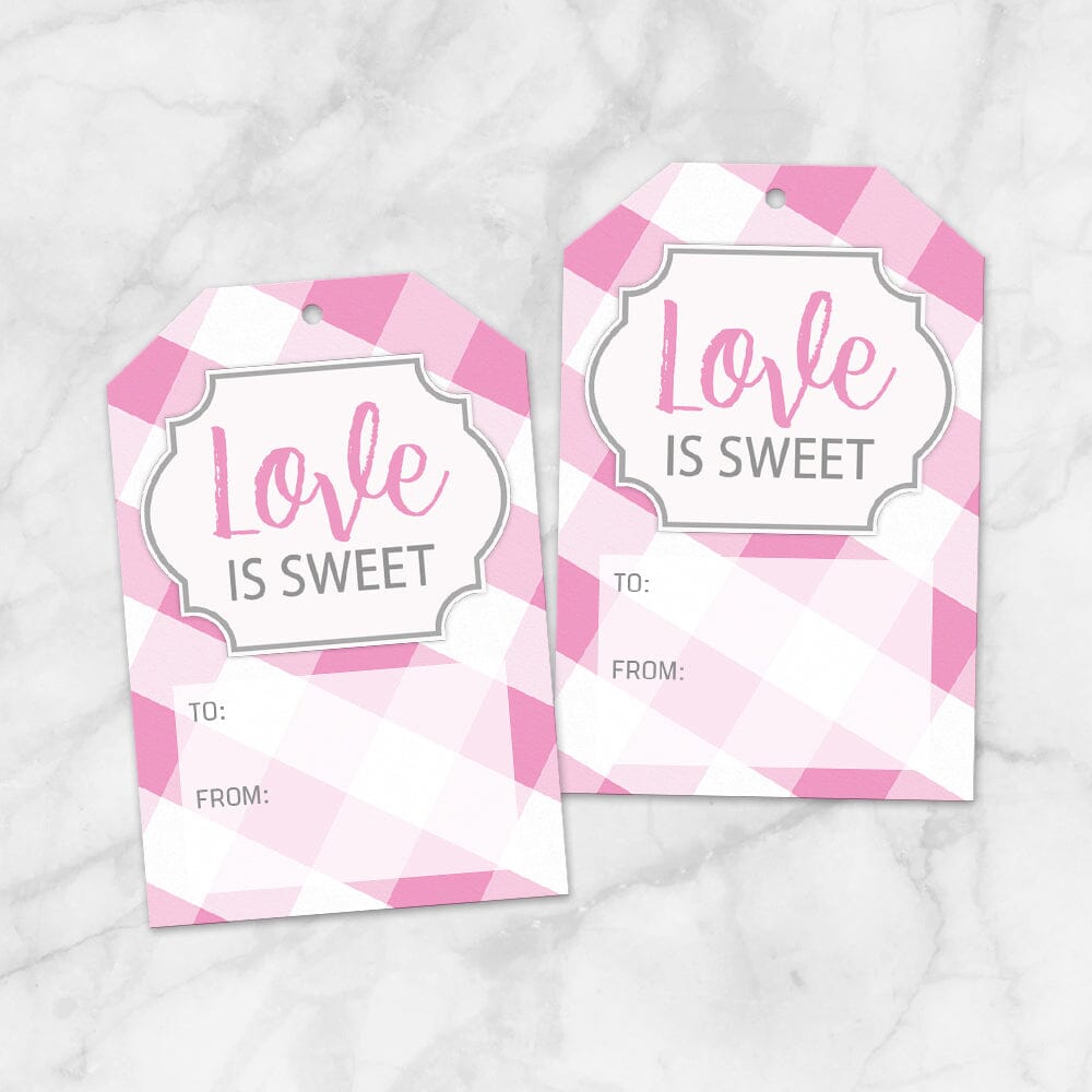 Printable Pink Gingham Love is Sweet Gift Tags at Printable Planning. Example of 2 gift tags.