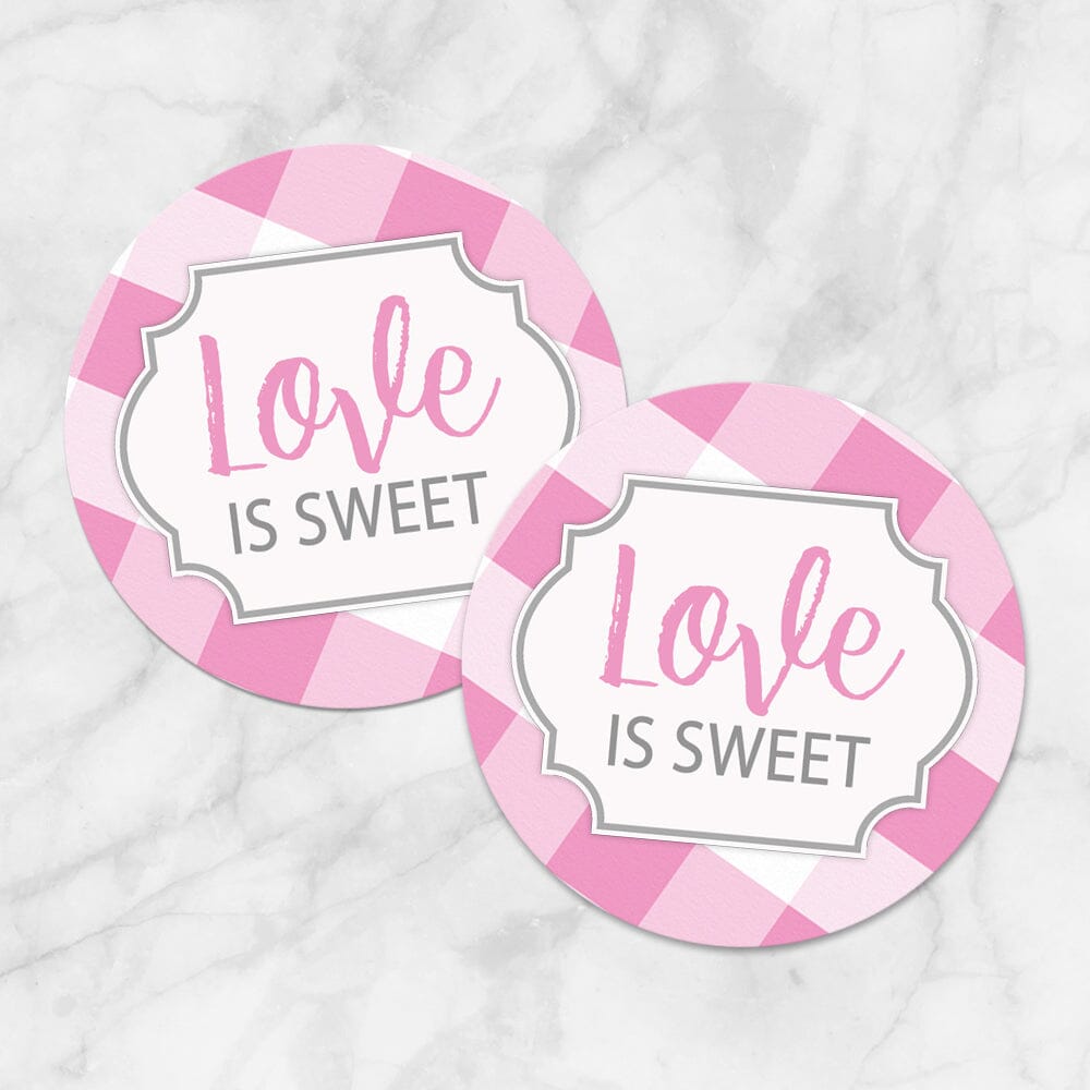 Printable Pink Gingham Love is Sweet Stickers at Printable Planning. Example of 2 stickers.