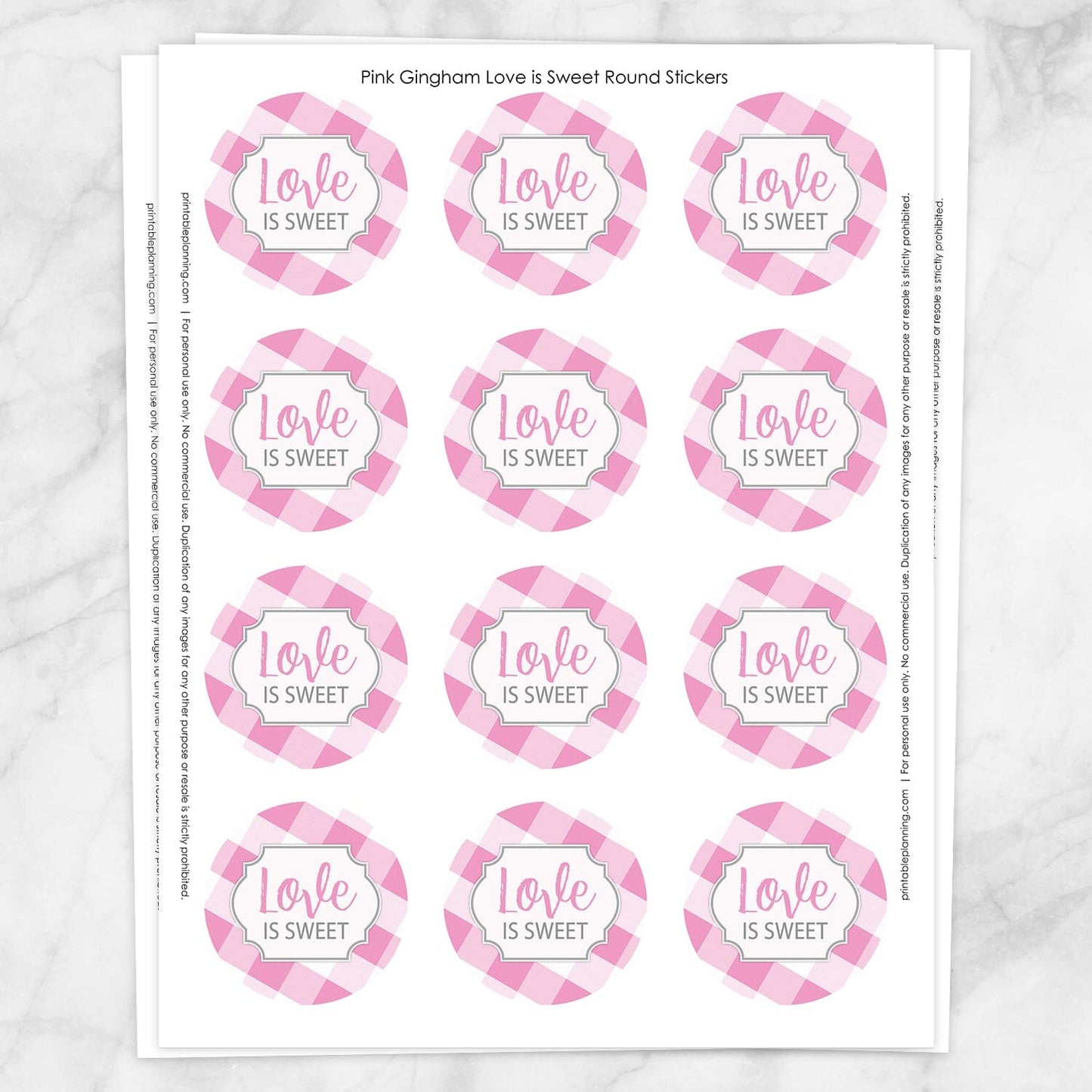 Printable Pink Gingham Love is Sweet Stickers at Printable Planning. Sheet of 12 stickers.