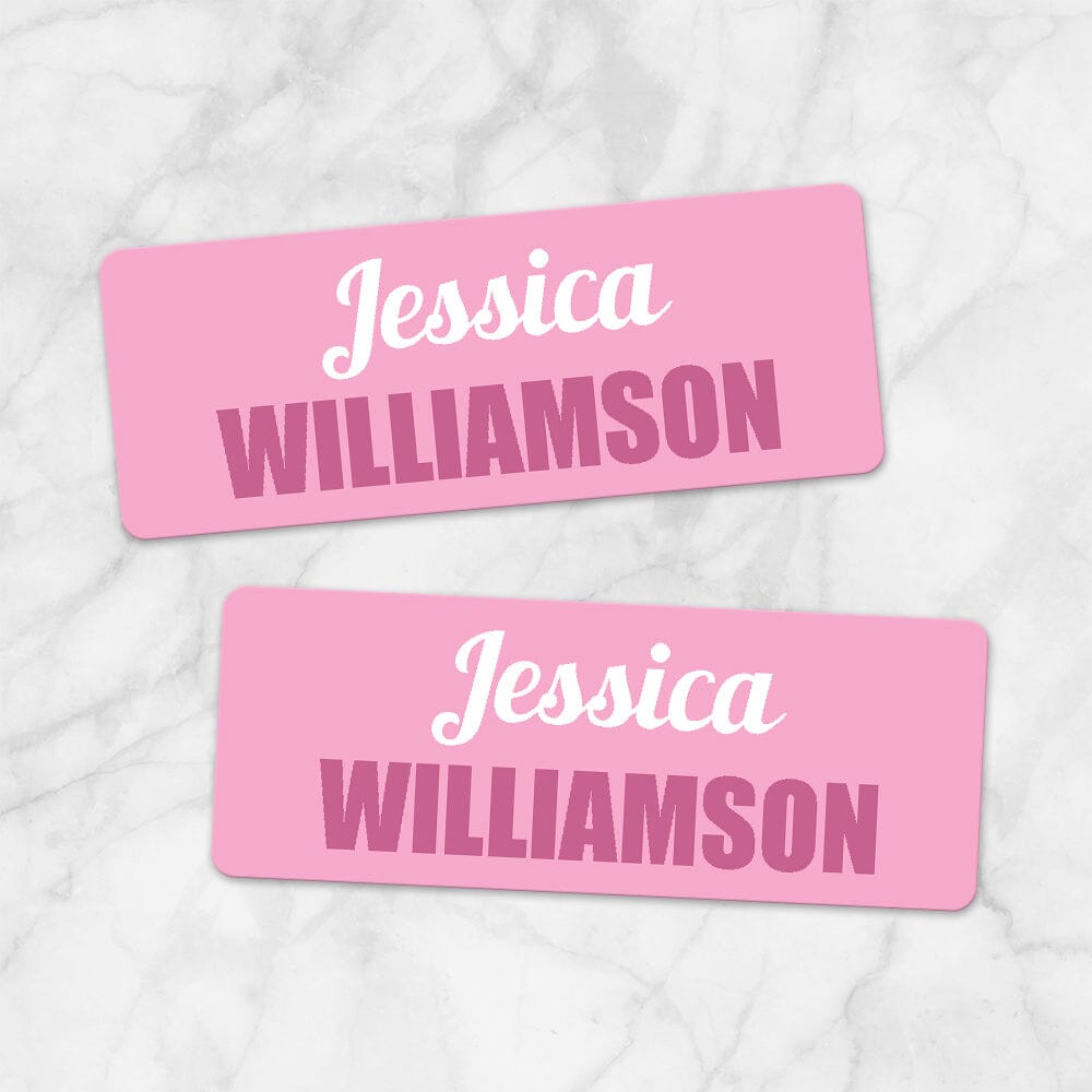 Printable Pink Name Labels for School Supplies at Printable Planning. Example of 2 labels.
