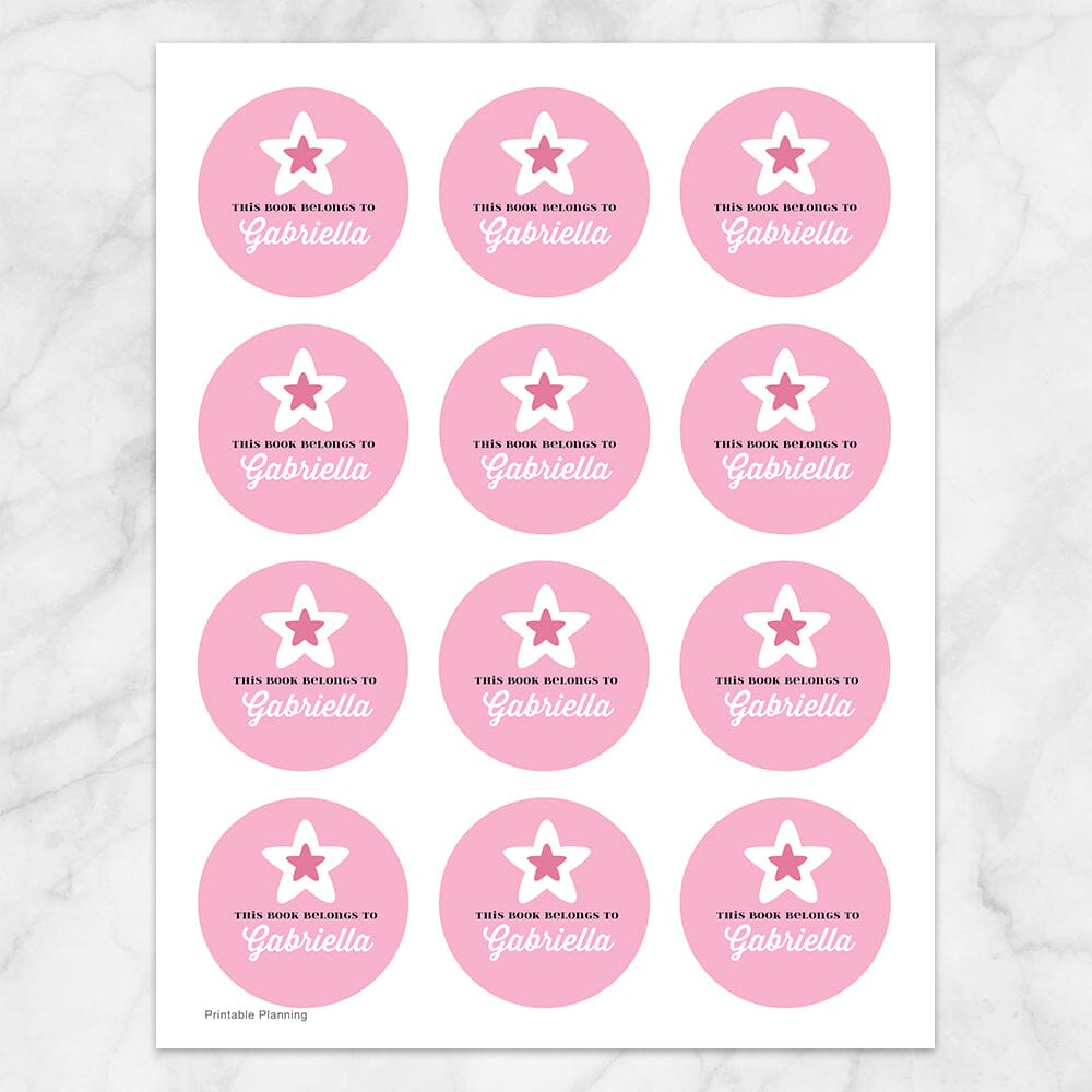 Printable Pink Star Personalized Bookplate Stickers at Printable Planning. Sheet of 12 stickers.