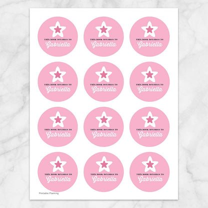 Printable Pink Star Personalized Bookplate Stickers at Printable Planning. Sheet of 12 stickers.