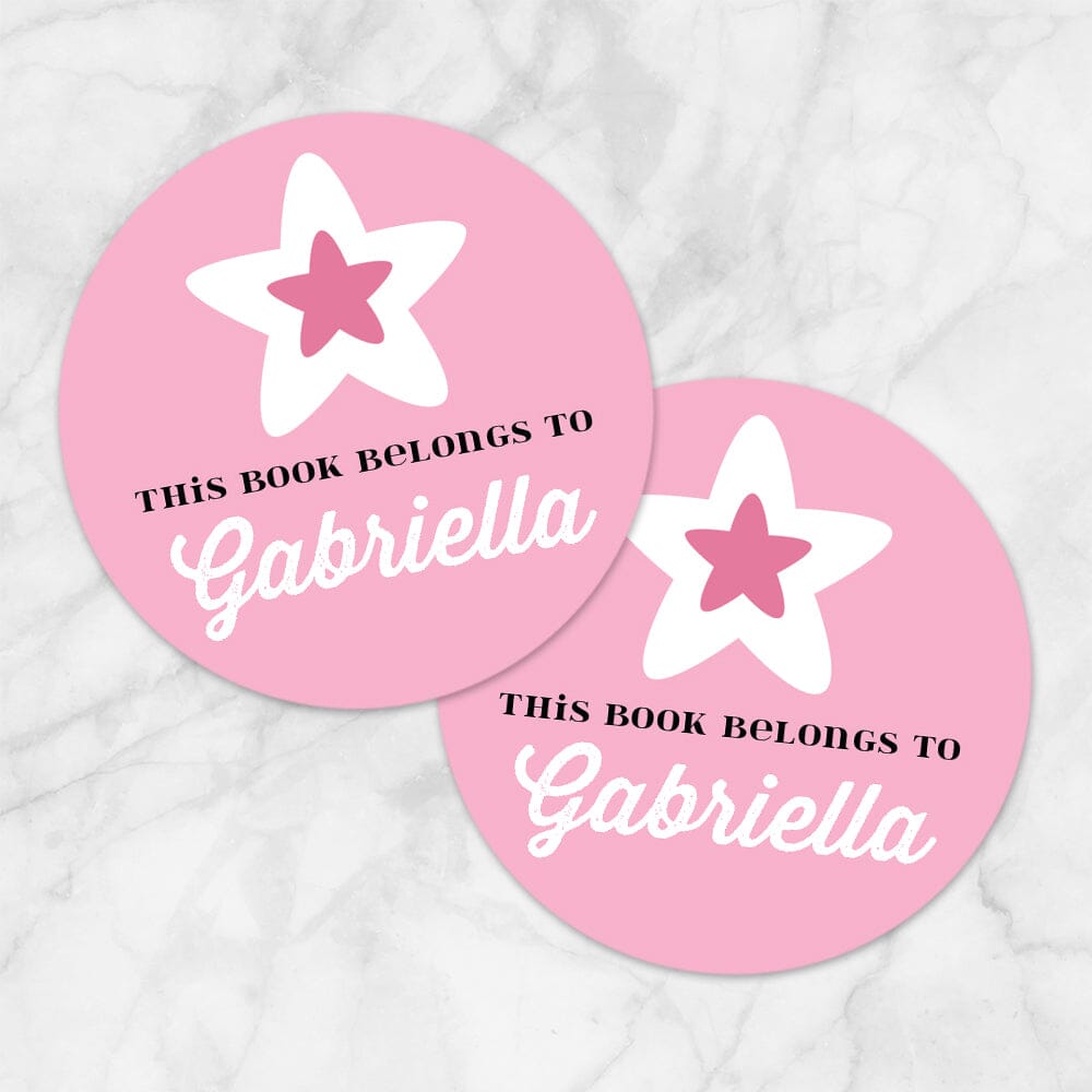 Printable Pink Star Personalized Bookplate Stickers at Printable Planning. Example of 2 stickers.