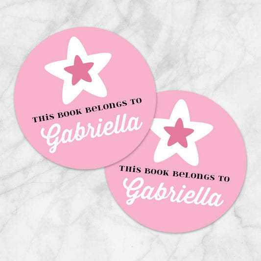 Printable Pink Star Personalized Bookplate Stickers at Printable Planning. Example of 2 stickers.