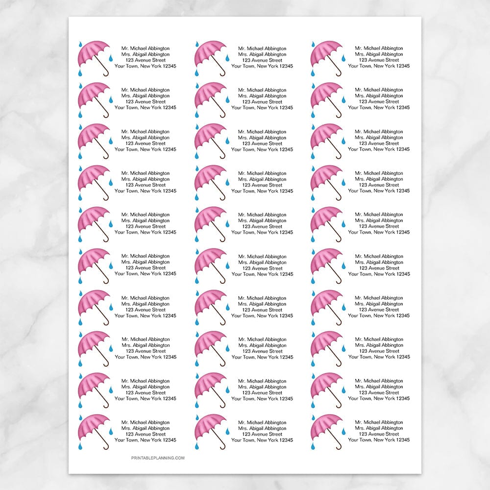 Printable Pink Umbrella Shower Address Labels at Printable Planning. Sheet of 30 labels.