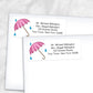 Printable Pink Umbrella Shower Address Labels at Printable Planning. Shown on envelopes. 