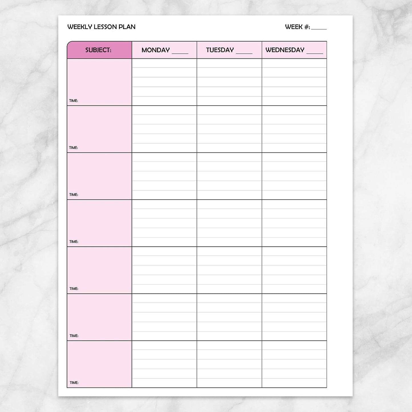 Printable Pink Weekly Lesson Plan for Teachers, School Planning Pages (left side, back page) at Printable Planning.