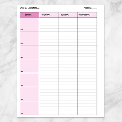 Printable Pink Weekly Lesson Plan for Teachers, School Planning Pages (left side, back page) at Printable Planning.