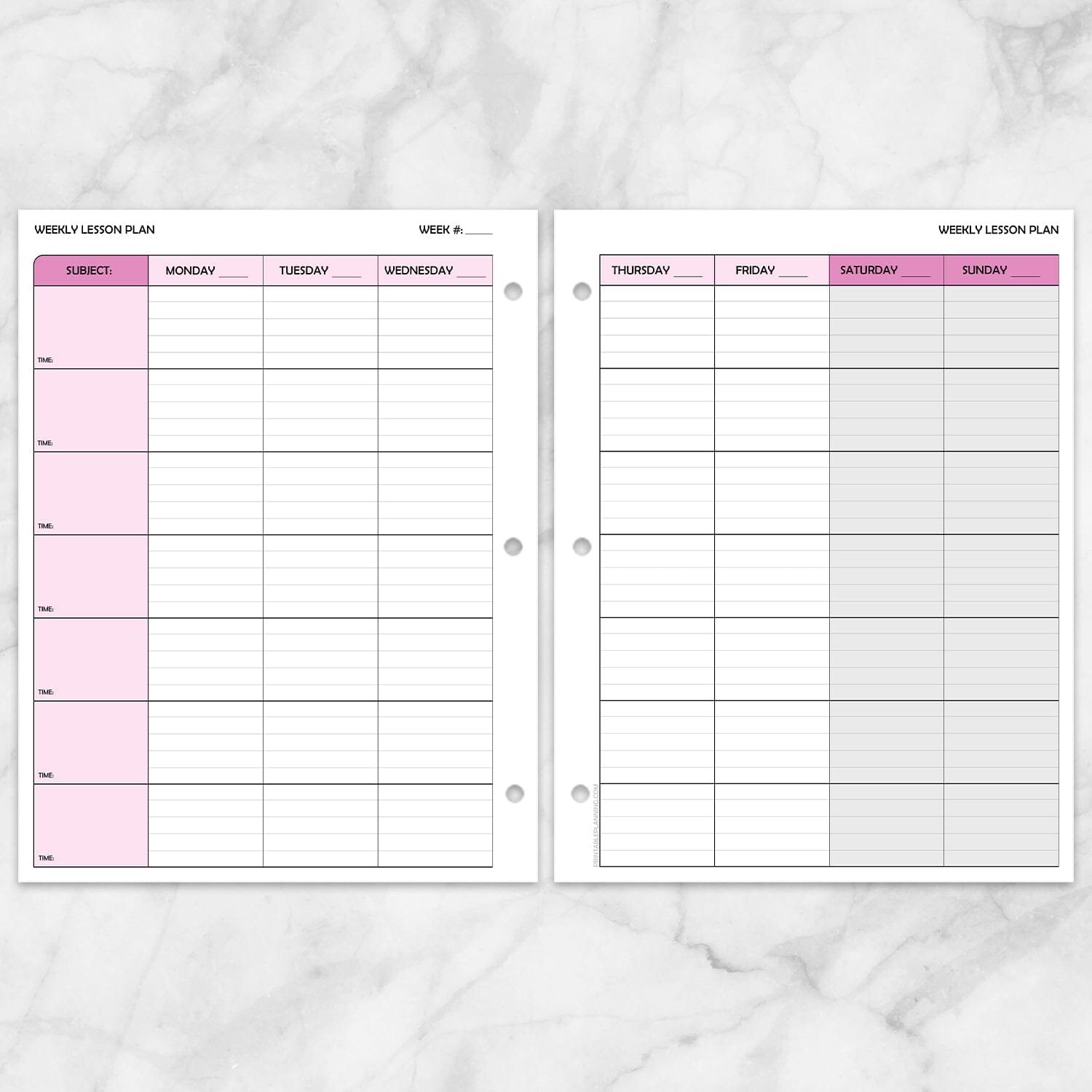 Printable Pink Weekly Lesson Plan for Teachers, School Planning Pages at Printable Planning. Front and back, facing pages, with 3-hole punch example.