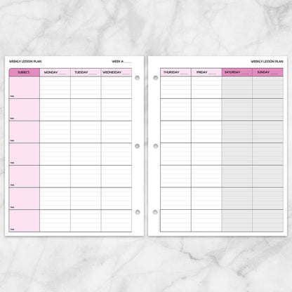 Printable Pink Weekly Lesson Plan for Teachers, School Planning Pages at Printable Planning. Front and back, facing pages, with 3-hole punch example.