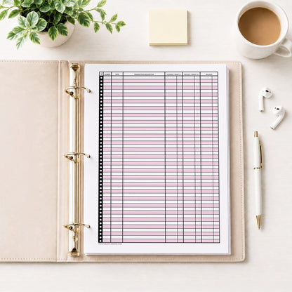 Pink Printable Check Register - Full-Page Transaction Tracker shown in a beige binder on a desk with earbuds, coffee, notes, a plant, and a pen.