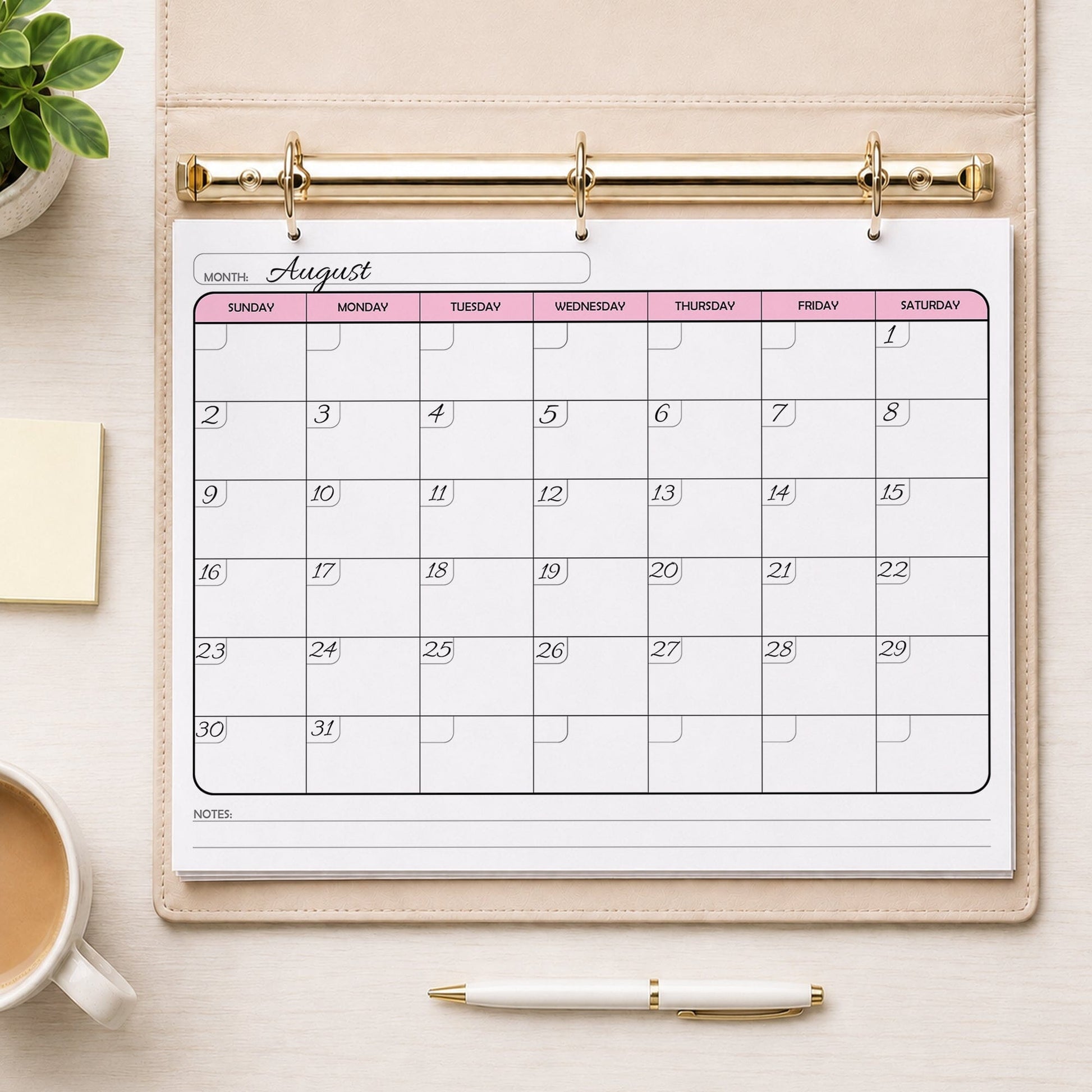 A printed Undated Monthly Calendar - Pink Full-Page Planner (printable) page shown with example writing in a beige binder on a desk with a plant, sticky notes, coffee, and a pen.