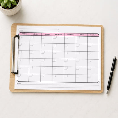 A printed Undated Monthly Calendar - Pink Full-Page Planner (printable) page shown on a wooden clipboard on a table with a plant and a pen.